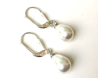 Pearl Earrings, Pearl Lever Back Earrings, Perfect Bridesmaids Earrings, Silver or Gold