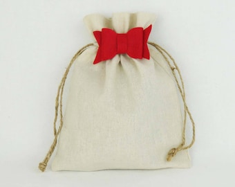 8x8 Linen Gift Bag - Small Reusable Gift Bag, Drawstring Gift Sack with Red Bow, Gift Wrapping, Rustic Fabric Gift Wrap, Eco Friendly
