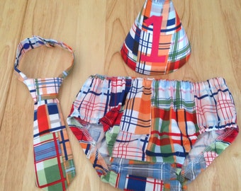 Boys Cake Smash Outfit - Patchwork Plaid - Diaper Cover, Tie & Birthday Hat - Birthday Set