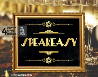 Speakeasy Sign DIY Printable / Roaring 20s Great Gatsby Party Decoration Prohibition Era Party Sign / Art Deco Black Gold ▷ Instant Download