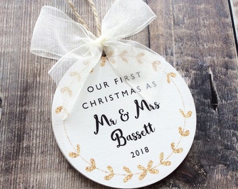 Our First Christmas as Mr & Mrs Personalised Bauble in Gold or Silver Glitter