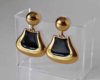 Vintage Monet Black Gold Pierced Earrings
