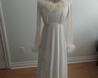 White 1950's Peignoir with Hood and Feather Trim