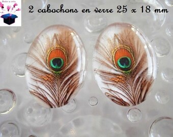 2 cabochons glass 25mm x 18mm theme feather