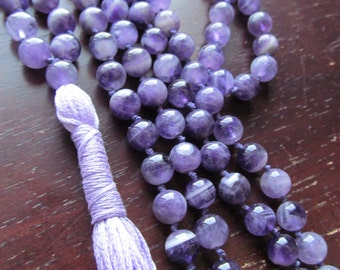 108 Bead Gemstone Mala with Amethyst, Mala Beads, Yoga Jewelry, Japa Mala, Meditation Beads, Prayer Beads, Tassel Necklace, Long Necklace