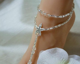 Crystal Beach Wedding Barefoot Sandals Bottomless Wedding Sandal Starfish Foot Jewelry Destination Wedding Rhinestone Anklet Barefoot Sandal