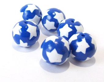White Stars on Blue Round Beads Handmade from Polymer Clay