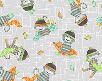 Quilting Treasures Monkey Business Tossed Monkeys Light Gray Fabric - 1 yard