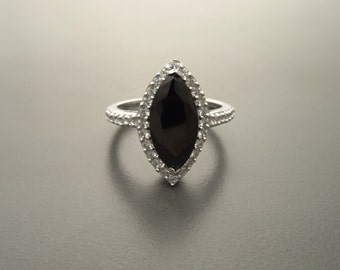 Black Diamond Marquise Ring, Halo Ring, Lab Diamonds, Sterling Silver, Engagement Ring, Pave Ring, Cluster Ring, Wedding Ring Valentines Day