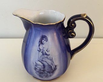 Beautiful Ornate Cobalt Blue Pitcher, Marked RS Prussia (Vintage Reproduction) **Sale**