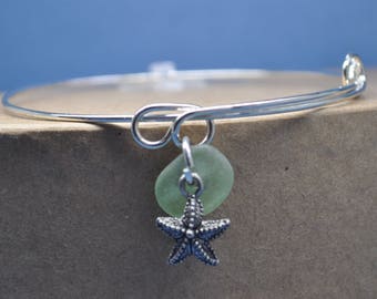 Atlantic sea glass silver adjustable bangle bracelet, bangle bracelet, charm bracelet, beachcomber bangle bracelet, made in Maine