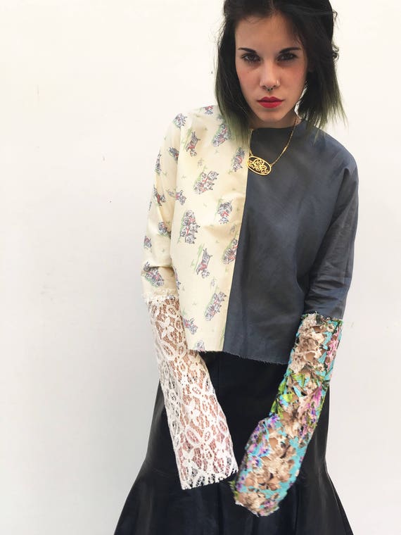 Shirt Blouse Printed Lace Sleeves LOLA DARLING Double Vintage Fabric Gray Silk Shantung + Printed Dogs Cotton Limited Edition Made in Italy