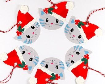 Christmas Gift Tags, Set of 6 Grey Cat Tags, Cat Gift Tags, Wrapping, Packaging, Unique Gift Tags, One of a Kind, Santa Hat