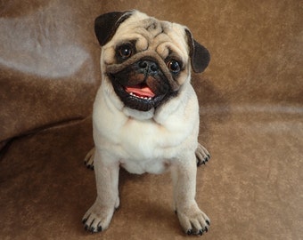SOLD - Realistic Pug .Girl. Adult. Life-size Handmade Needle Felted Wool Animal Sculpture