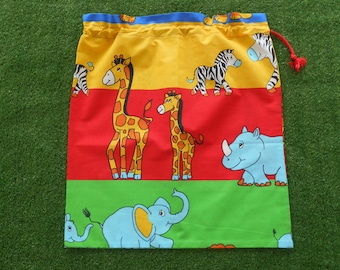 Kids library bag or kindy sheet bag, colourful zoo animals, large toy bag