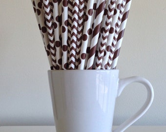 Brown Paper Straws Brown Striped, Chevron, Polka Dot Party Supplies Party Decor Bar Cart Cake Pop Sticks Party Graduation