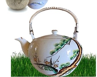 Japan Teapot, Cherry Blossom, Cherry Teapot, Vintage Teapot, Hand painted Teapot, Wicker Teapot, Porcelain Teapot, Japan Lucky Teapot, Gift