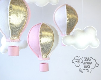 Baby Mobile, Hot Air Balloon Mobile, Baby Girl Mobile, Gold and Pink Mobile, Nursery Decor