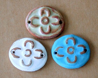 3 Handmade Ceramic Beads - Sweet Set of Bracelet Beads - Folk Art Flower Beads - Rustic Boho links for Hemp Hippie Bracelets