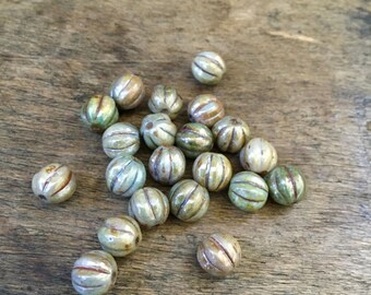 8mm Opaque Green Luster Czech Glass Beads Fluted Melon Round, Bead Supplies