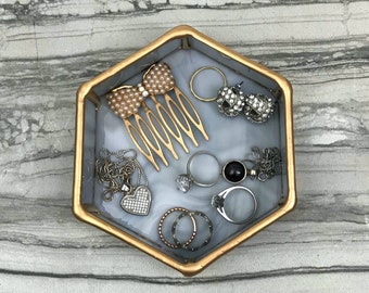Marbled Glass Ring Dish, Jewelry Dish, Ring Dish, Hexagon Ring Dish, Jewelry Tray, Hexagon, Jewelry Storage, Vanity Tray, Catch All, Vanity