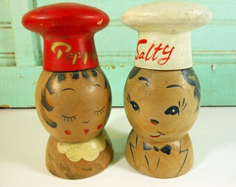 Large Red and White Wooden Chef Salt and Pepper Shakers, Salty and Peppy, Made in Japan