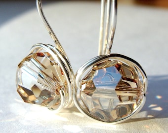 10mm Crystal Golden Shadow Swarovski Crystal Dangle Earrings in Sterling Silver Drop Earrings