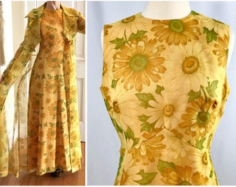 1960s Mod Festival Dress | Bohemian Festival | Floral Maxi Dress | Kimono Duster | Vintage Clothing | Sheer Kimono Duster | Vintage Clothing