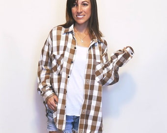 Vintage Flannel, Plaid Button Up 90s Grunge Tan Brown 100% Cotton Comfy Oversize