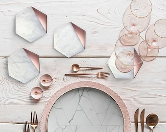 Hexagon Marble Rose Gold Coaster Set of 4 Drink Coasters, Bar Coasters or Home Décor
