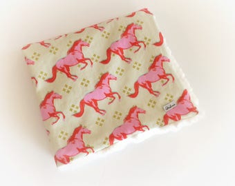 Baby GIRLS Blanket -LOVEY Blanket / Girls Lovey /Fur Baby Blanket /Mini Baby Blanket Horses /Girl Nursery Security Blanket -READY to Ship