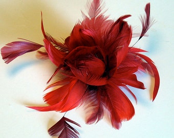 Red feather hair clip - bridal feather fascinator - bridesmaid hair clip