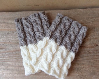 2 in 1 Boot Cuffs - Taupe Gray White - Hand knit 2 ways to wear boot cuffs Cable knit Boot toppers Leg warmers