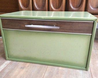 Vintage Green Metal Bread Box/Danish Modern Bread Box/ RETRO Green Metal Bread Box Chrome Handle with Wood Veneer