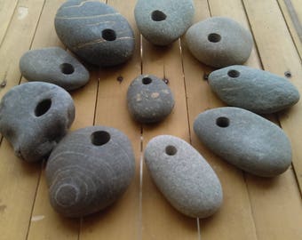 Unique Beach Stone Pebbles, 10 Pieces with a drilled hole