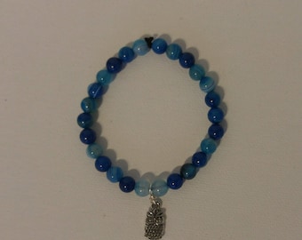 Unique Natural Blue Striped Agate w/Owl Charm Stretch Bracelet