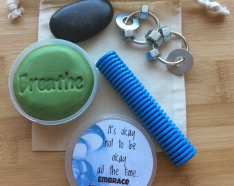 Calm down kit, anxiety, mental health, stim, squishy stress ball, fidget, ADHD, restless hands, sensory, worry stone, soothing