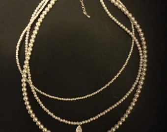 Triple Strand Pearl Necklace with teardrop shape pendant