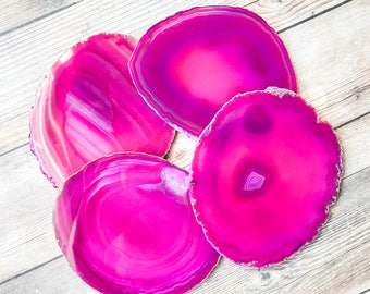 Large Pink Agate Coasters Pink Geode Coasters Set of Four - Agate Slice Geode Slice Crystal Coasters Rock Coasters Stone Coasters
