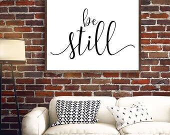 Be Still Wall Art, Be Still Printable, Be Still Print, Black and White Cursive Design, Scripture, Gray Frames Digital Print & Home Wall Art