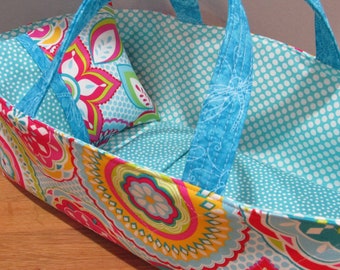 Doll Carrier, Modern Print with Aqua Lining, 14 Inches Long, Doll Basket