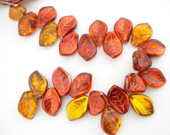 Fall Leaves Czech Glass Leaf Beads 9 X 14 mm, Czech Leaves, Czech Leaf Beads, Orange Red Topaz Copper Metallic Top Drill Leaves