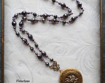English Garden, Antique Button, Locket Necklace, Czech Glass Beads, Purple, Antique Brass, Timeless Trinkets,One of A Kind
