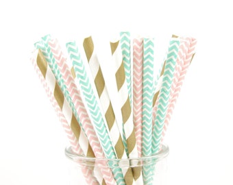 Gold, Pink and Dark Mint/Aqua Green Chevron Paper Straws - Set of 25 Straws - Girl's Birthday Party - First Birthday
