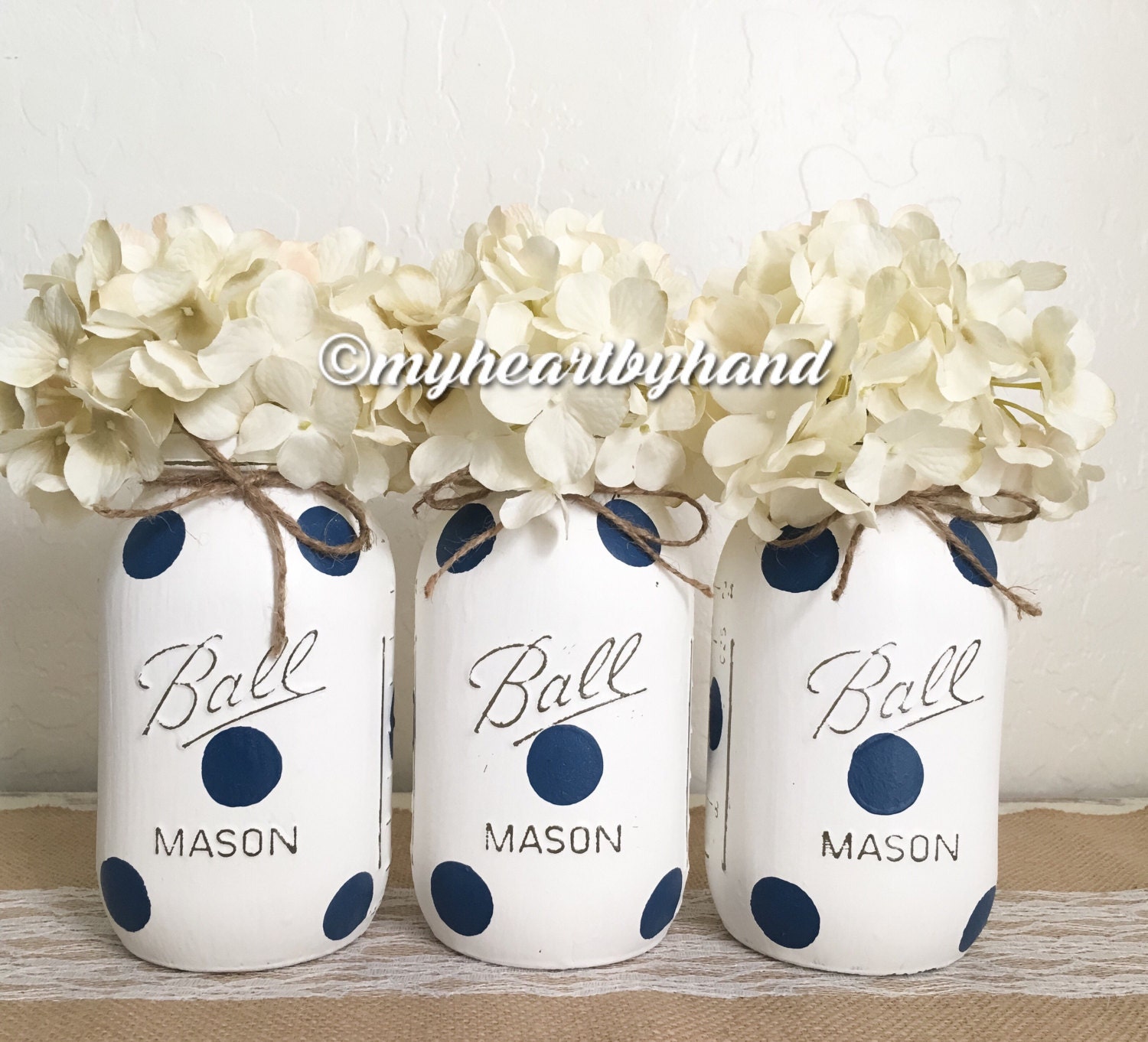 Nautical Theme Polka Dot Mason Jars Painted Quart Ball Jars