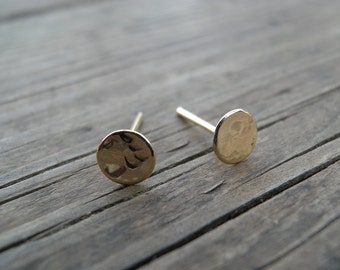 5mm Gold Stud Earrings 14k Solid Gold Simple Hammered Flat Round Post Earrings, Gold Jewelry, Dot Pebble Stud, Valentine's Gift For Her