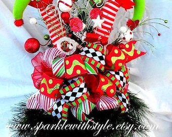 HUGE! 360 VIEW Christmas Tree Topper OR Centerpiece! - Tree Topper Bow - Christmas Bow - Raz Imports Tree Topper - Mesh Tree Topper - Elf