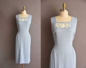 vintage 1950s baby blue cotton linen wiggle dress Plus Size 50s white lace floral vintage sun dress