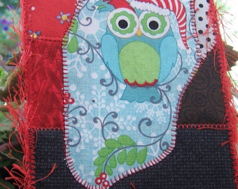 Owl Fabric Postcard, Christmas Card, Owl Fiber Art, Quilt Postcard, Unique Gift Idea, Friend Gift