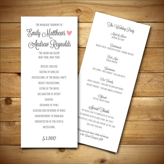 Printable Wedding Program Template Dark Grey Pink & White